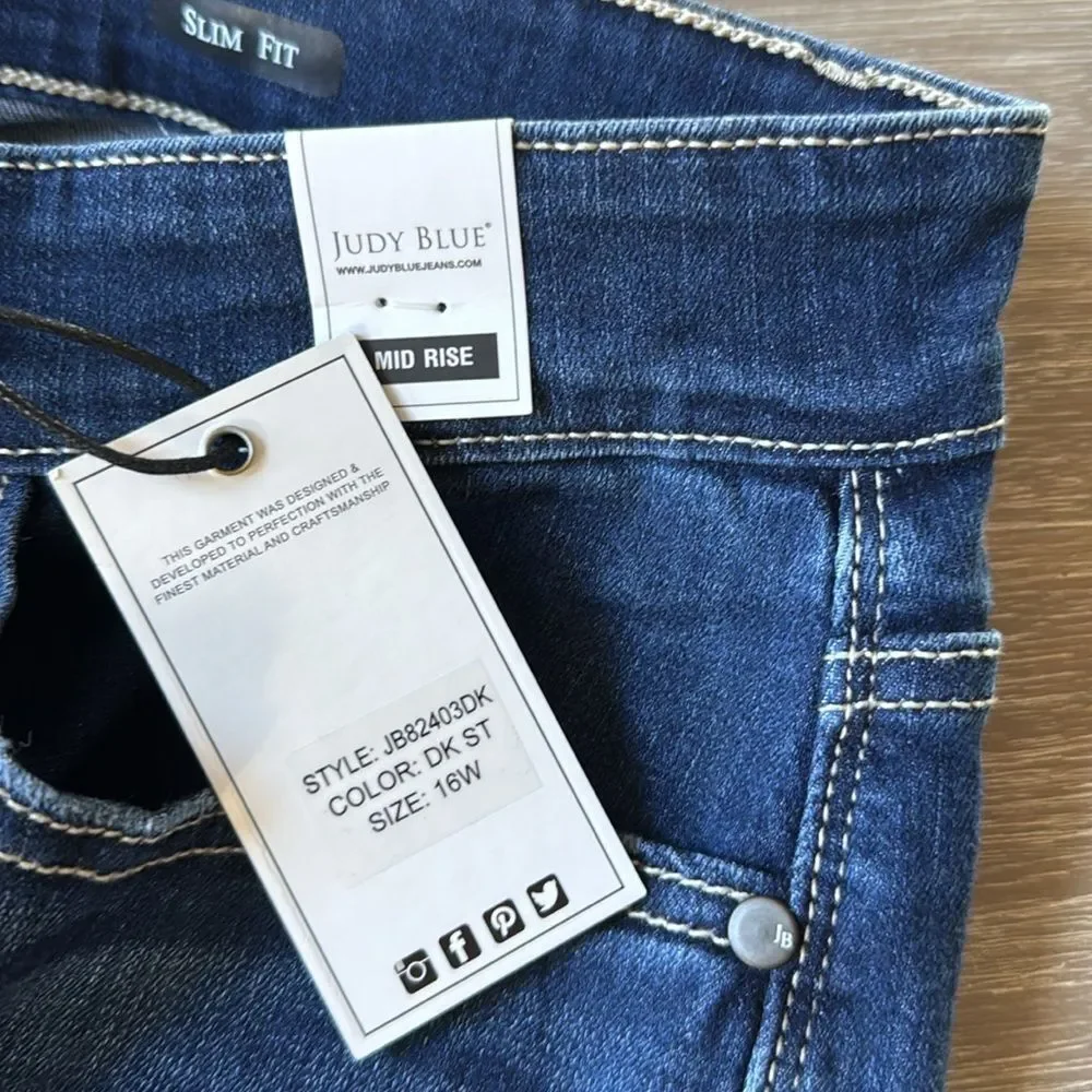 Judy Blue Womens Mid Rise Shark Bite Frayed‎ Hem Slim Fit Jeans 16W Nwt - Picture 7 of 9